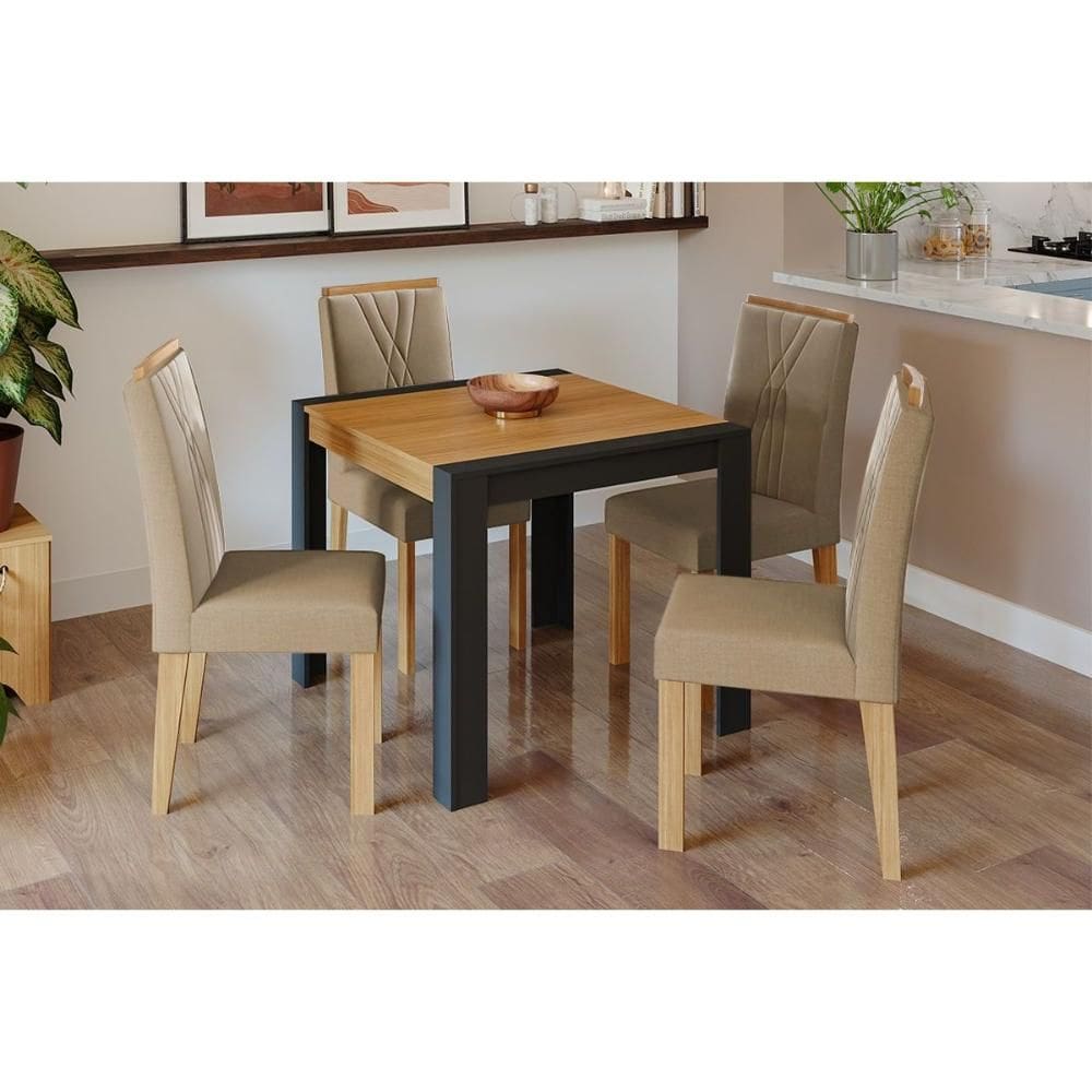 Conjunto: Mesa Sala Jantar Grace Tampo Madeirado 90x90cm e 4 Cadeiras Nicole Savana/Nature-Suede Nude Bege - Cimol
