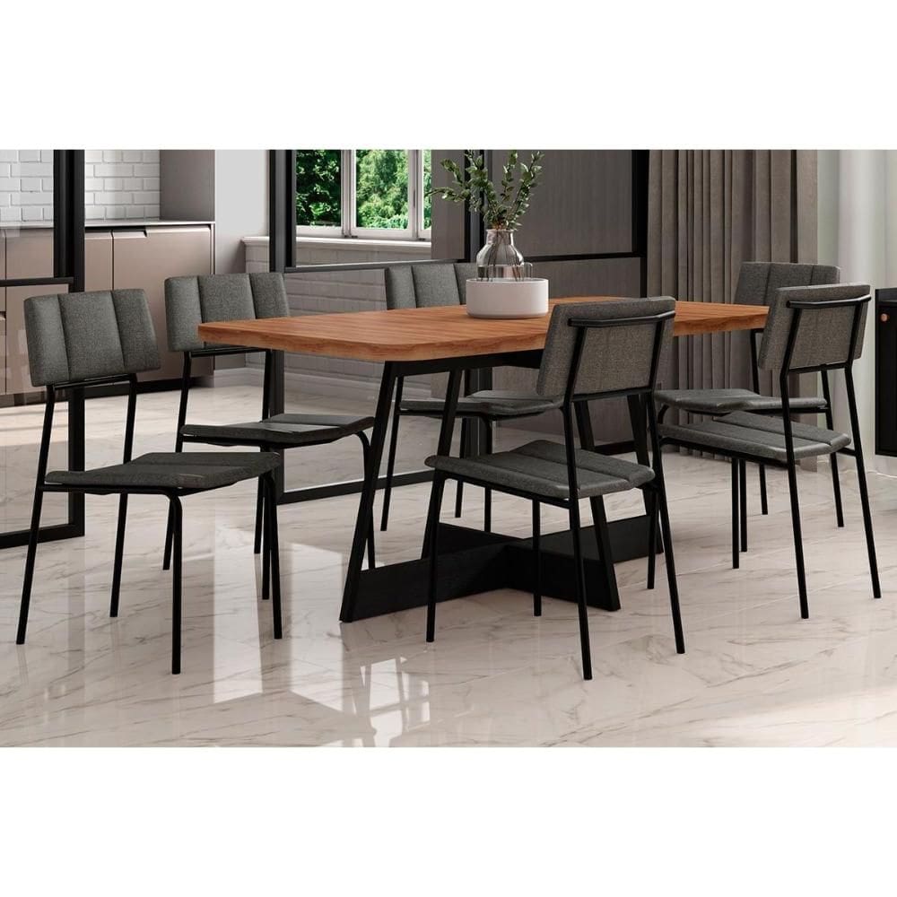Conjunto: Mesa Sala Jantar Átria 1592 Aço c/ Tampo Madeirado 160x90cm e 6 Cadeiras Lou Preto/Nogal - Preto/Grafite - Carraro