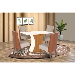 Conjunto: Mesa Sala Jantar Luiza SC42 Tampo Madeirado c/ Vidro Canto Curvo 120x80cm e 4 Cadeiras Anne Nature/Courano/Linho - Henn