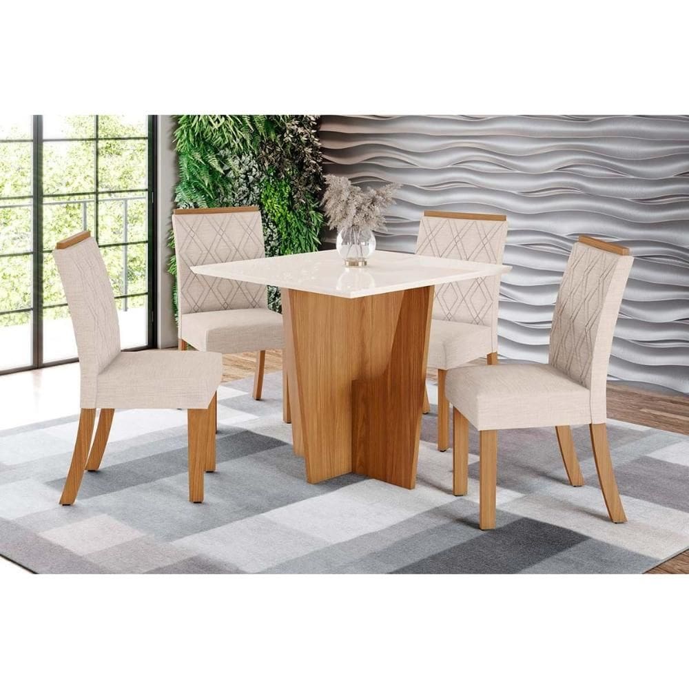 Conjunto: Mesa Sala Jantar Vértice c/ Tampo Reto Madeirado c/ Vidro 90x90cm e 4 Cadeiras Vita Nature/Linho - Henn