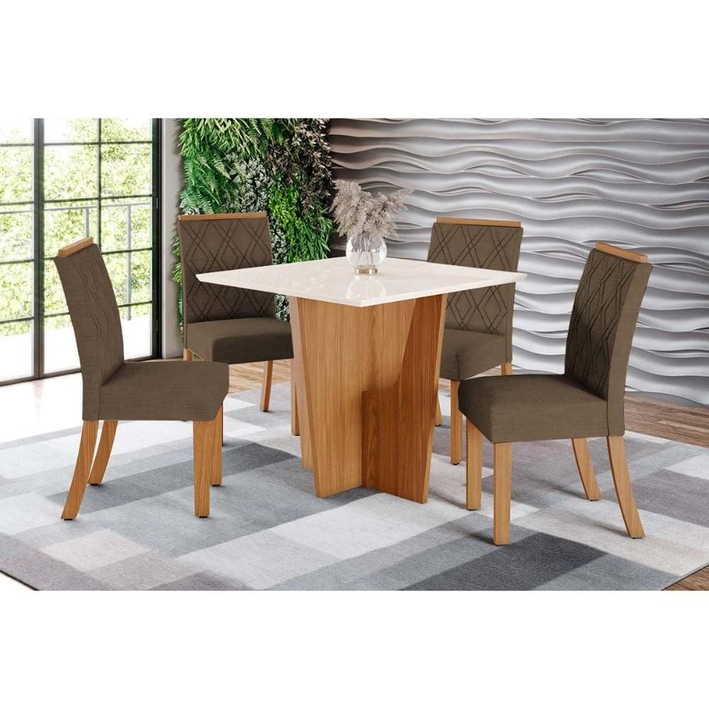 Conjunto: Mesa Sala Jantar Vértice c/ Tampo Reto Madeirado c/ Vidro 90x90cm e 4 Cadeiras Vita Nature/Suede Light Bege - Henn