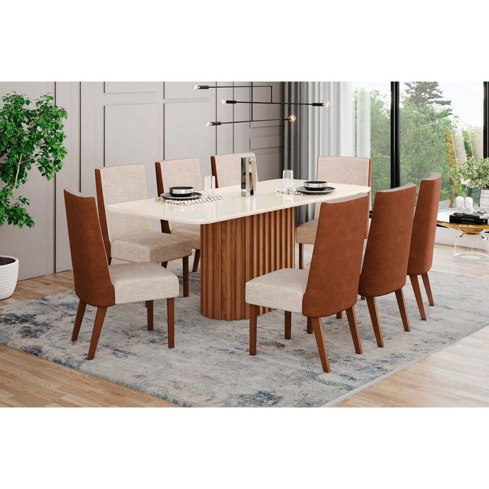 Conjunto: Mesa Sala Jantar Solana SC66 Tampo Madeirado c/ Vidro Canto Curvo 200x90cm e 8 Cadeiras Anne Nature/Courano/Linho - Henn