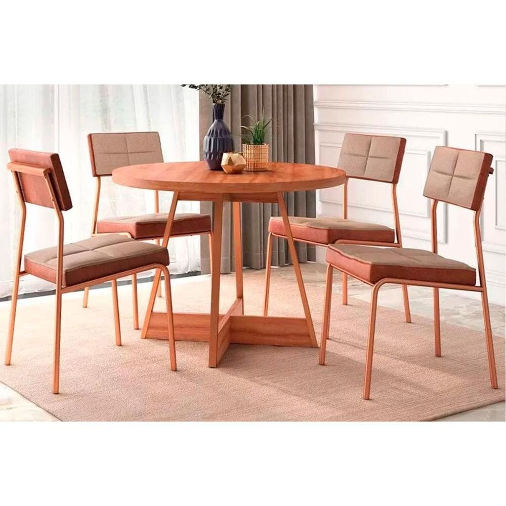 Conjunto: Mesa Sala Jantar Átria 1594 Aço c/ Tampo Madeirado 100cm e 4 Cadeiras Neo Rose/Freijó/Nogal - Rose/Areia - Caramelo - Carraro