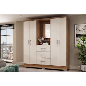Guarda Roupa 4 Portas e 3 Gavetas c/ Espelho Roma 1181 c/ Pés Freijo/Off White - Carraro