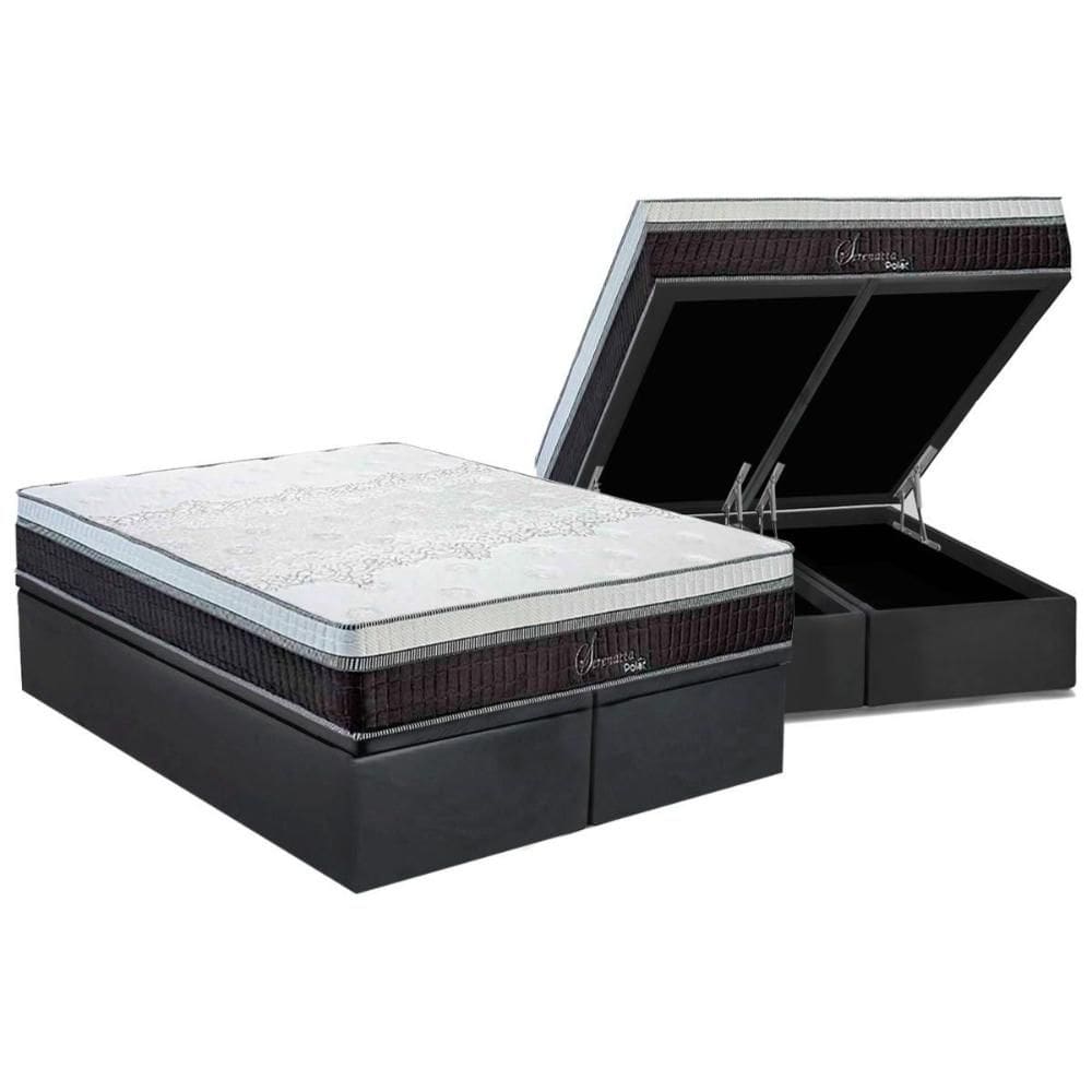 Cama Box Baú Queen: Colchão Molas Ensacadas Polar Superlastic Serenatta + Base CRC Suede Gray (158x198)
