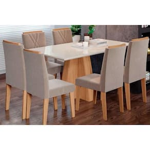 Conjunto: Mesa Sala Jantar Patricia c/ Tampo Madeirado c/ Vidro Canto Reto 160x80cm e 6 Cadeiras Nicole Nature/Linho Bege - Cimol