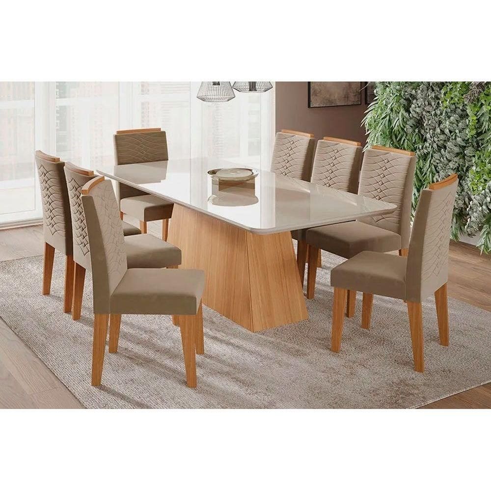 Conjunto: Mesa Sala Jantar Helena c/ Tampo Madeirado c/ Vidro 210x100 cm e 8 Cadeiras Clarice Nature/Suede Joli Chocolate - Cimol