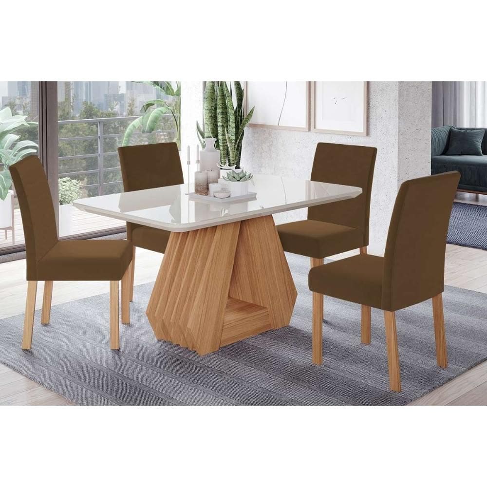Conjunto: Mesa Sala Jantar Ágata c/ Tampo Madeirado c/ Vidro 130x80cm e 4 Cadeiras Maia Nature/Suede Mascavo Chocolate - Cimol