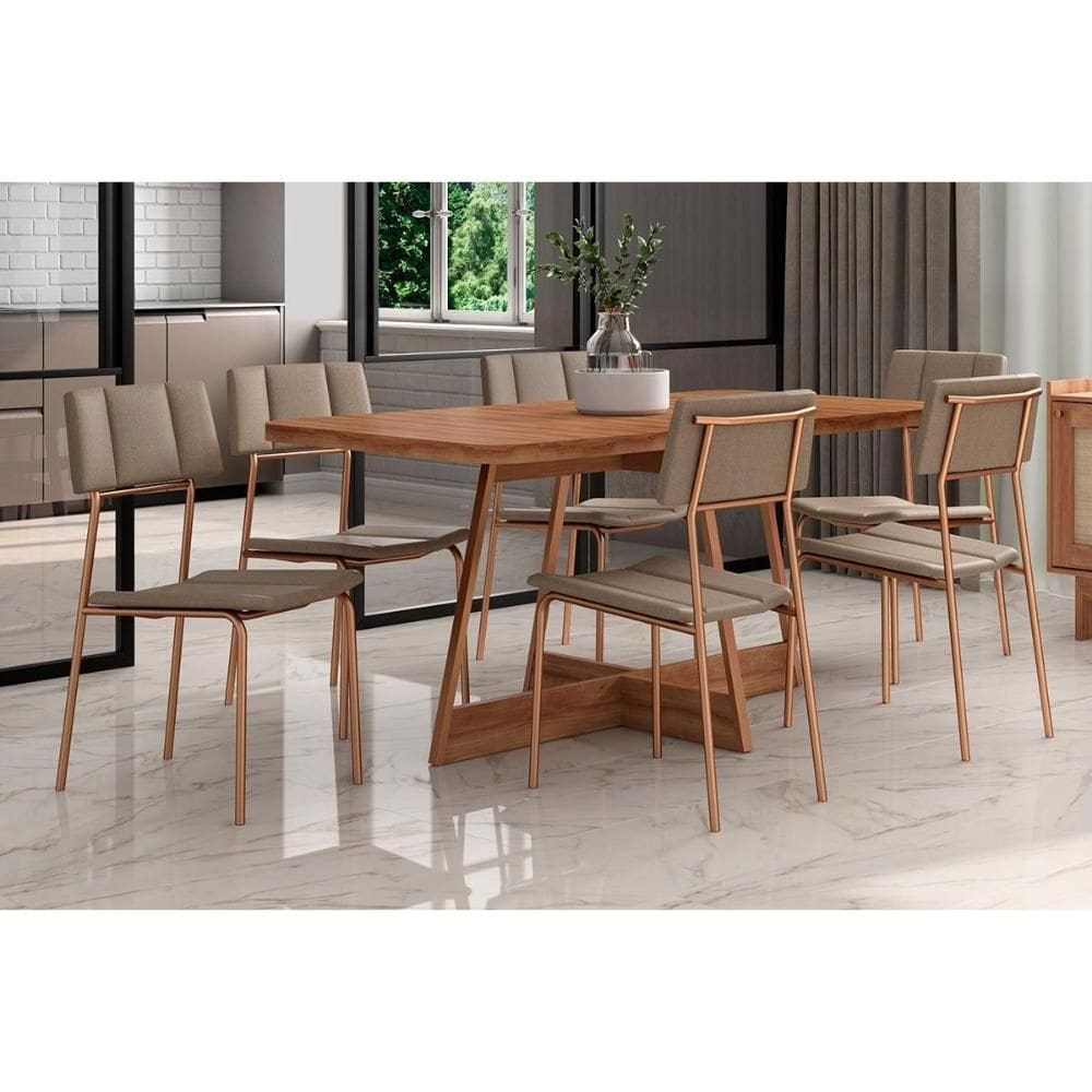 Conjunto: Mesa Sala Jantar Átria 1592 Aço c/ Tampo Madeirado 160x90cm e 6 Cadeiras Lou Rose/Freijo/Nogal - Rose/Areia - Carraro