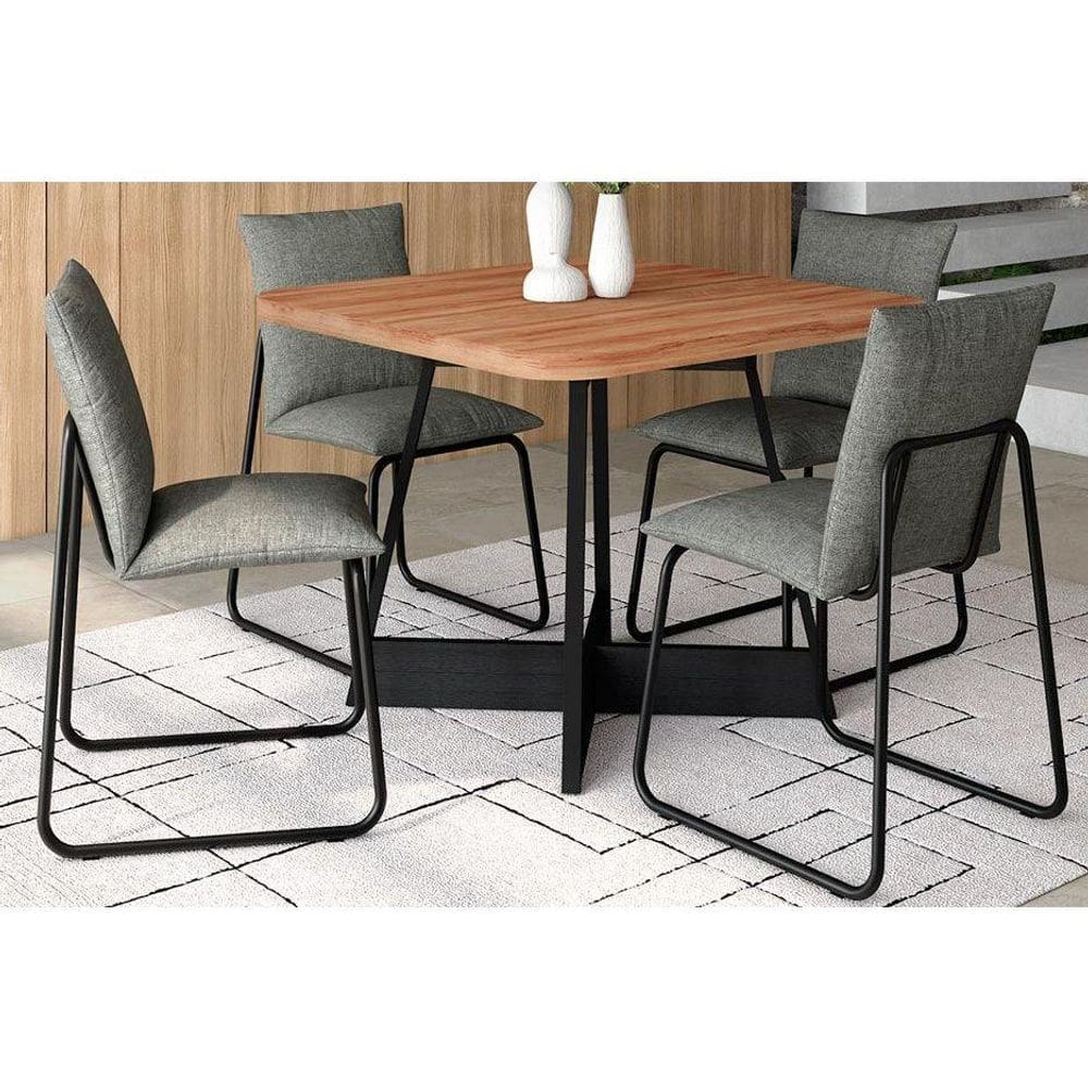 Conjunto: Mesa Sala Jantar Átria 1593 Aço c/ Tampo Madeirado 90x90cm e 4 Cadeiras Soft Preto/Nogal - Preto/Grafite - Carraro
