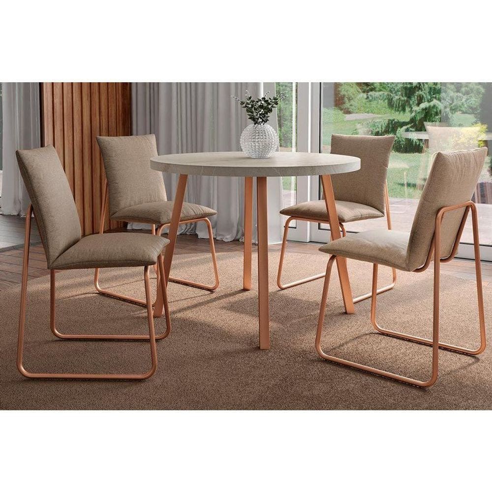 Conjunto: Mesa Sala Jantar Stellar 1599 Aço c/ Tampo Madeirado 100cm e 4 Cadeiras Soft Rose/Petra - Rose/Areia - Carraro