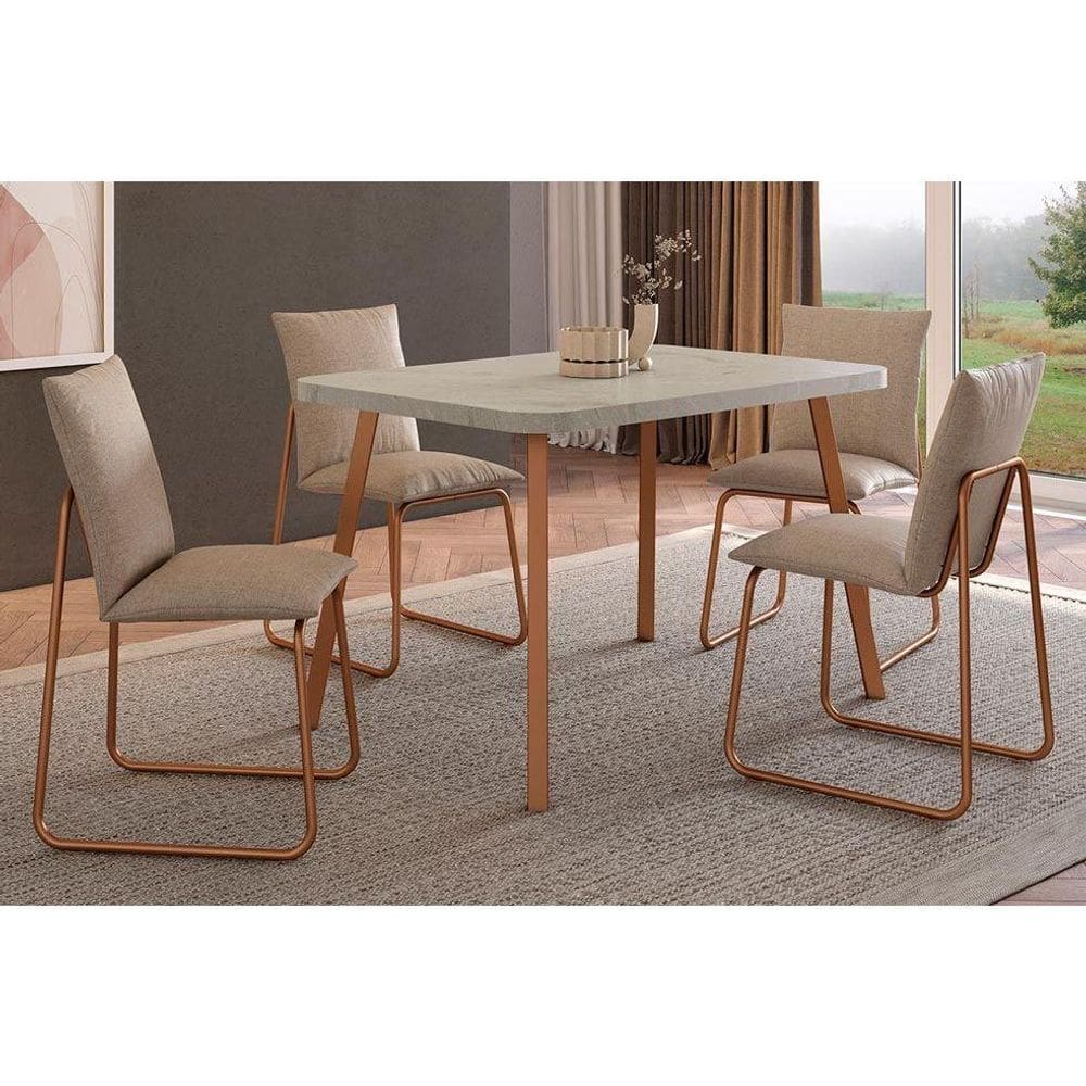 Conjunto: Mesa Sala Jantar Stellar 1598 Aço c/ Tampo Madeirado 120x80cm e 4 Cadeiras Soft Rose/Petra - Rose/Areia - Carraro