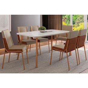 Cozinha Completa Ariel Maior 1601 Tampo Madeirado c/ Vidro 160x80cm e 6 Cadeiras Hug Gelo/Off White Rose - Cobre/Linho Areia/Courin - Carraro