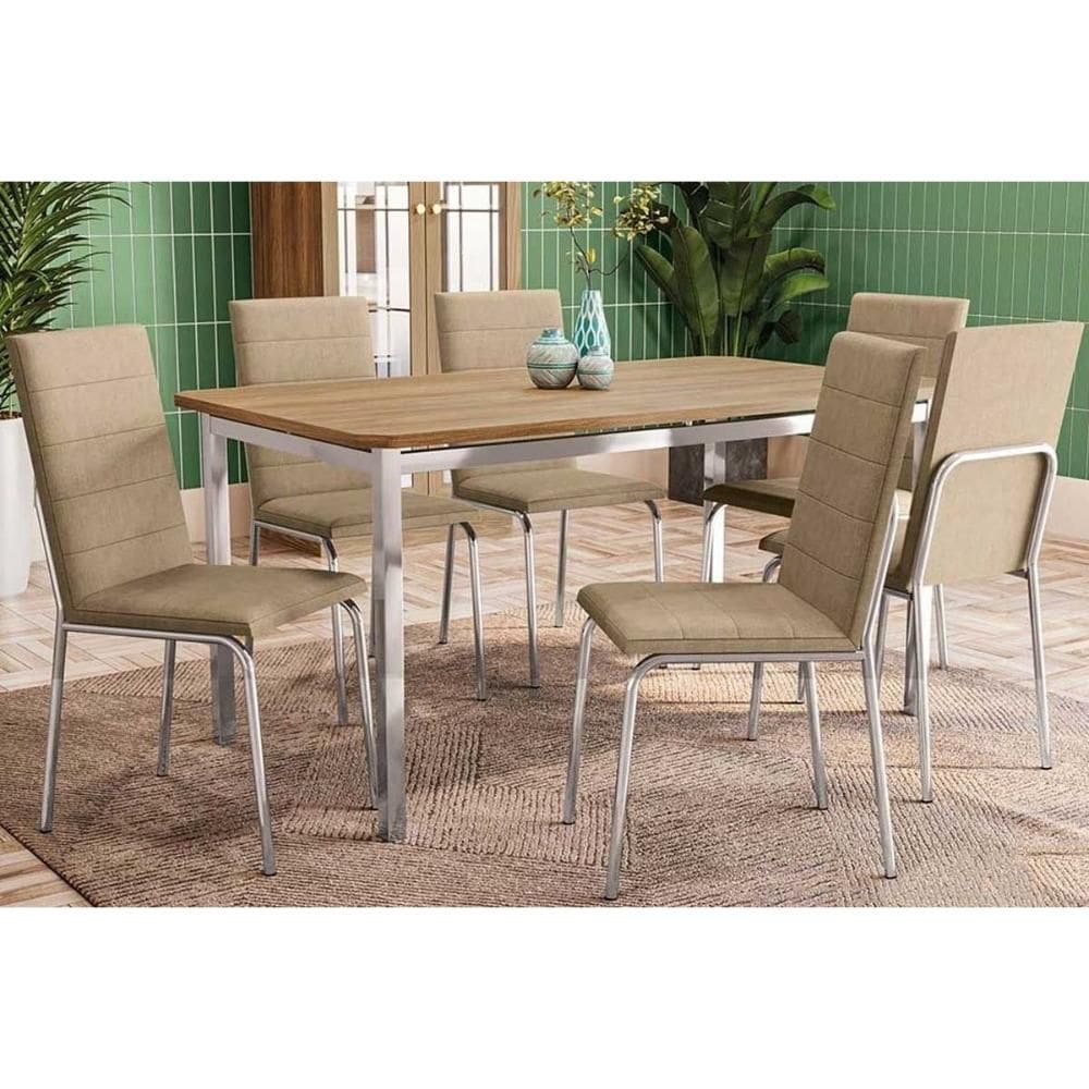 Conjunto: Mesa Sala Jantar Reno c/ Tampo de Madeira 160cm e 6 Cadeiras Amsterdã Cromada/Capuccino - Kappesberg