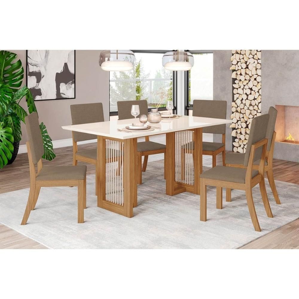 Conjunto: Mesa Sala Jantar Yara SC79 Tampo Madeirado c/ Vidro Canto Curvo 160x90cm e 6 Cadeiras Milla Nature/Suede Light Marrom Amêndoa - Henn