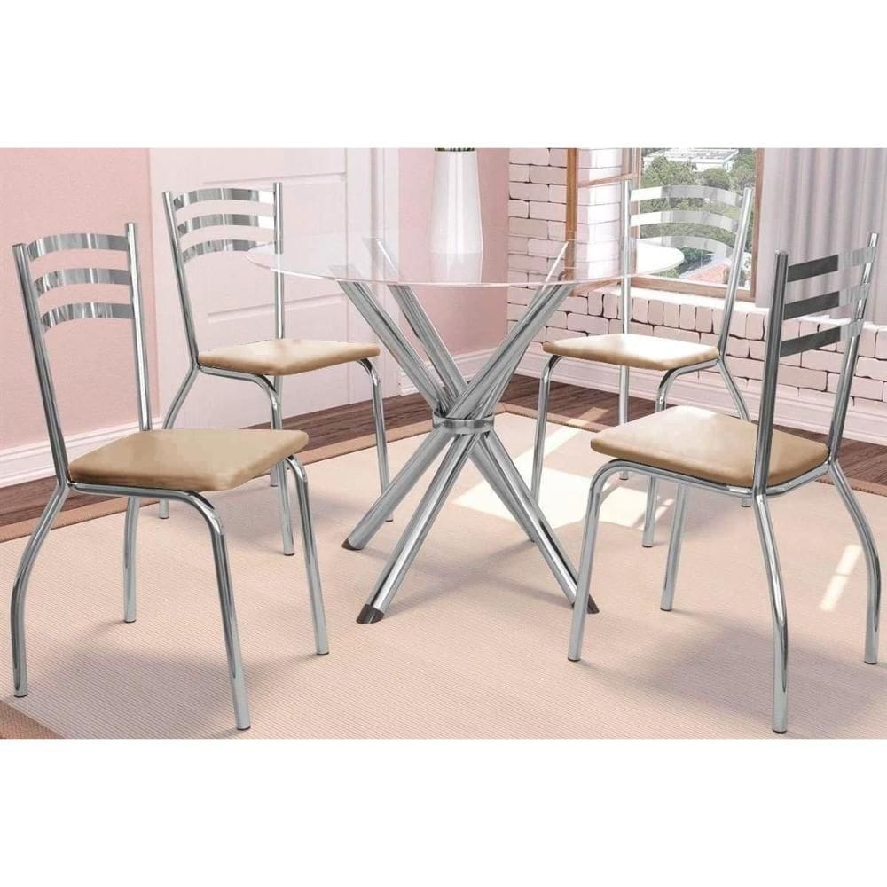 Sala de Jantar Completa Volga c/ Tampo de Vidro 95cm e 4 Cadeiras Portugal Cromada - Bege - Kappesberg