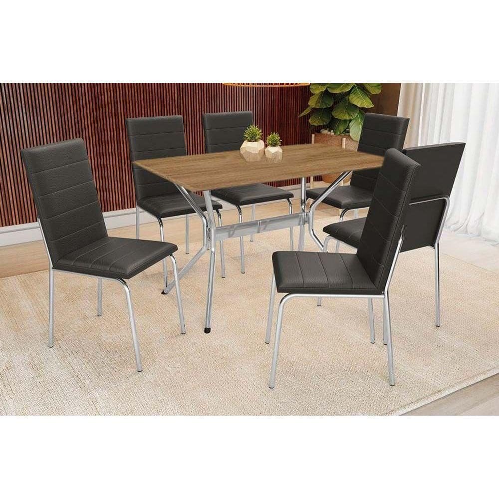 Conjunto: Mesa Sala Jantar Loire c/ Tampo de Madeira 160cm e 6 Cadeiras Amsterdã Cromada/Preto 110 - Kappesberg