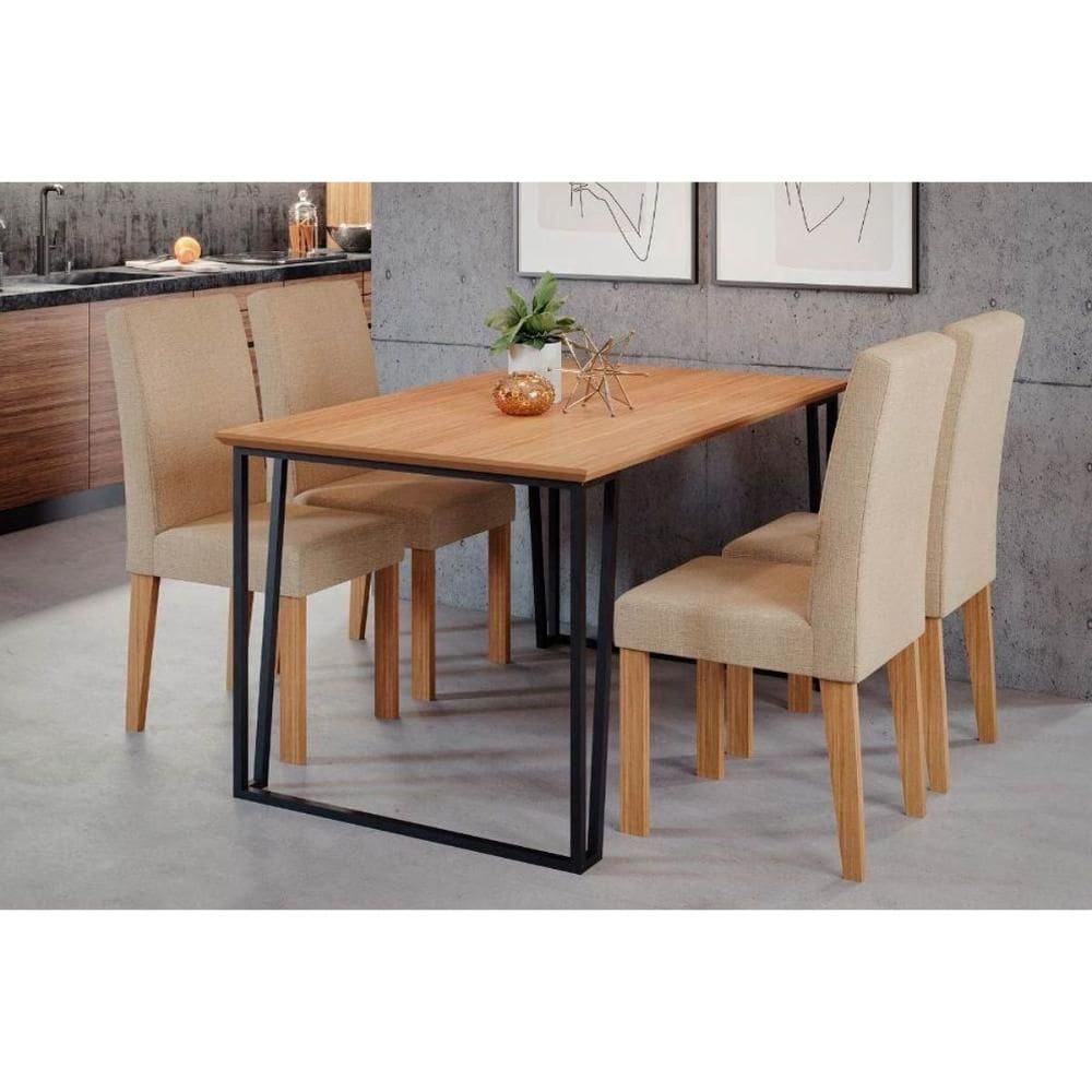 Conjunto: Mesa de Cozinha Lisa Tampo Madeirado 130x80cm e 4 Cadeiras Maia Nature/Suede Gengibre Bege - Cimol