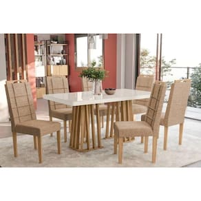 Conjunto: Mesa Sala Jantar Alteia Tampo Madeirado c/ Vidro 90x160cm e 6 Cadeiras 2CAD150 Nogueira/Off White/Vidro Off White - Eucalipto - Kappesberg