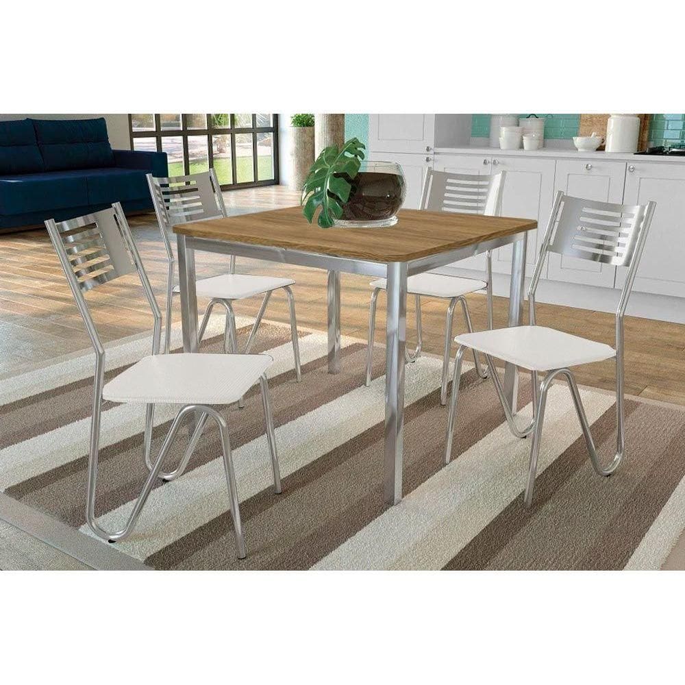 Conjunto: Mesa Sala Jantar Reno c/ Tampo de Madeira 90cm e 4 Cadeiras Nápoles Cromada/Branco 106 - Kappesberg