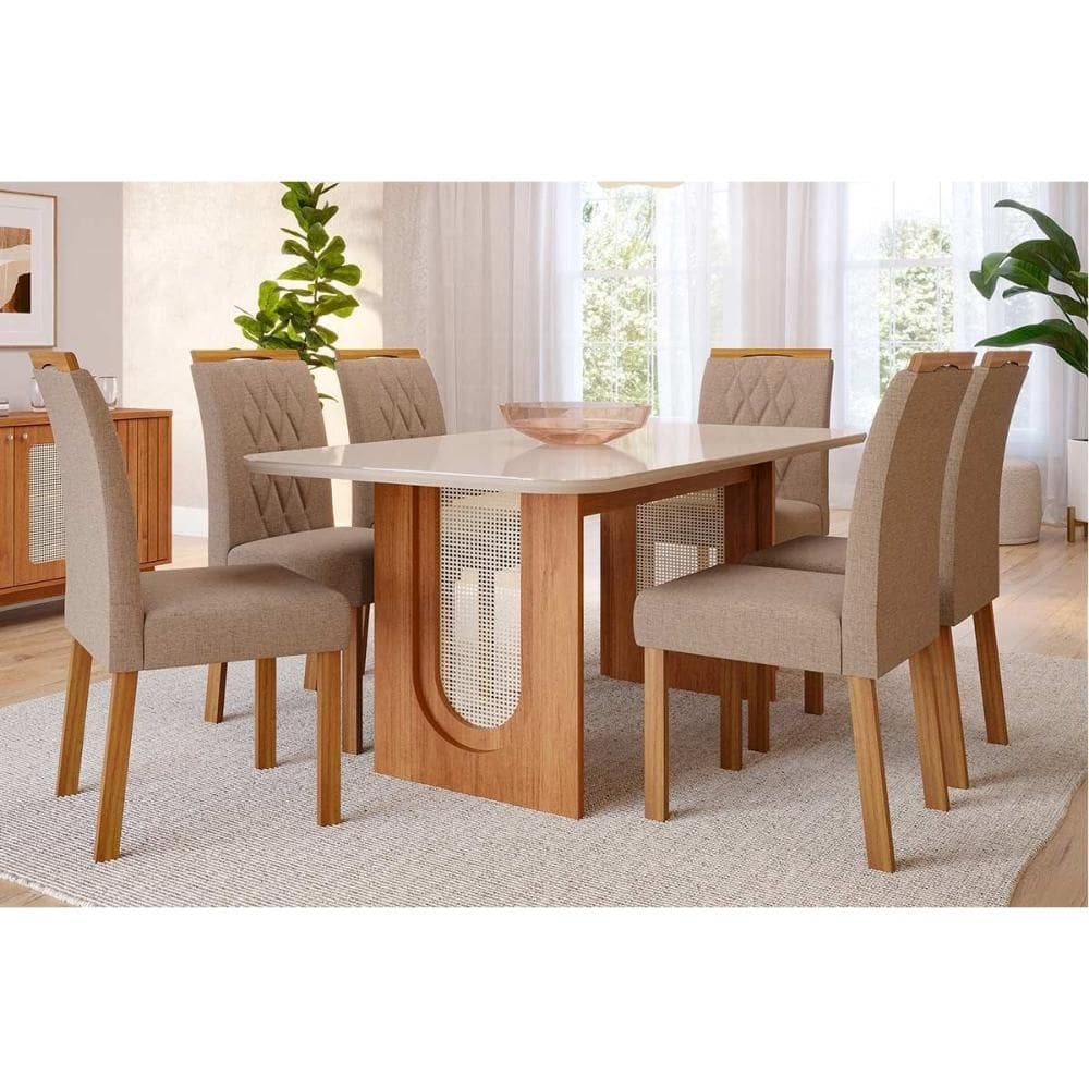 Conjunto: Mesa Sala Jantar Valentina Tampo Madeirado c/ Vidro 180x90cm e 6 Cadeiras Juliana Cinamomo/Off White - Nature-Madeirado/Linho Be - Cimol