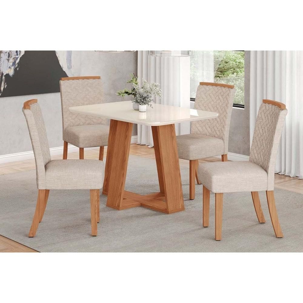 Conjunto: Mesa Sala Jantar Lins c/ Tampo Madeirado c/ Vidro Curvo 120x80cm e 4 Cadeiras Malu Nature/Linho - Henn