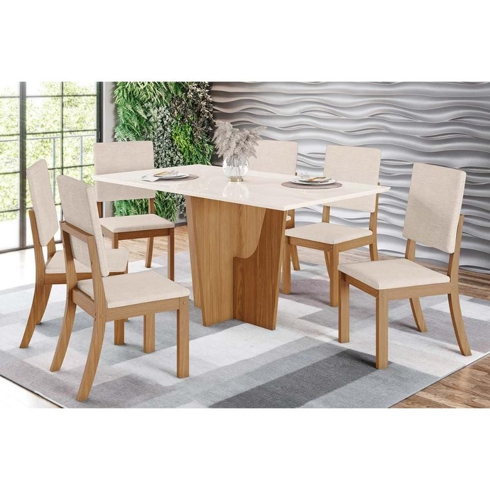 Conjunto: Mesa Sala Jantar Vértice Tampo Madeirado c/ Vidro 160x80cm e 6 Cadeiras Milla Nature/Linho - Henn