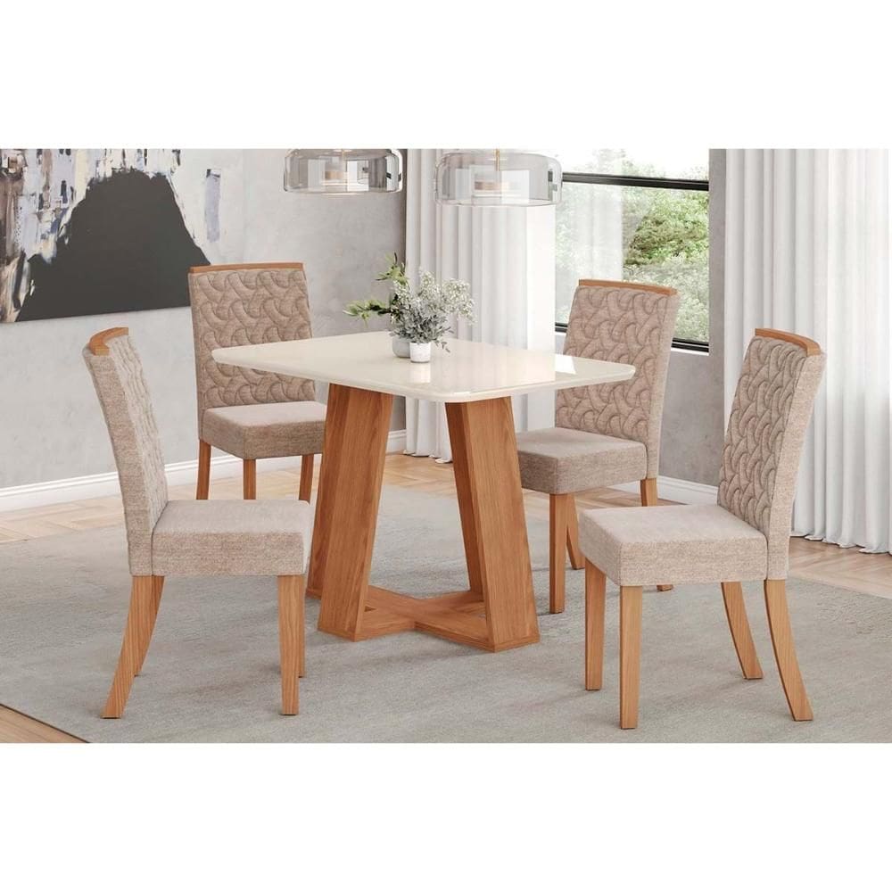 Conjunto: Mesa Sala Jantar Lins c/ Tampo Madeirado c/ Vidro Curvo 120x80cm e 4 Cadeiras Esther Nature/Linho Creme - Henn