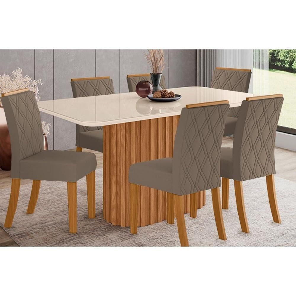 Conjunto: Mesa Sala Jantar Solana SC68 Tampo Madeirado c/ Vidro Canto Curvo 160x90cm e 6 Cadeiras Vita Nature/Suede Light Bege - Henn