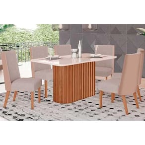 Conjunto: Mesa Sala Jantar Solana SC68 Tampo Madeirado c/ Vidro Canto Curvo 160x90cm e 6 Cadeiras Anne Nature/Courano/Linho - Henn