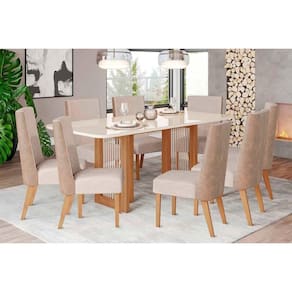 Conjunto: Mesa Sala Jantar Yara SC77 Tampo Madeirado c/ Vidro Canto Curvo 200x90cm e 8 Cadeiras Anne Nature/Courano/Creme - Henn