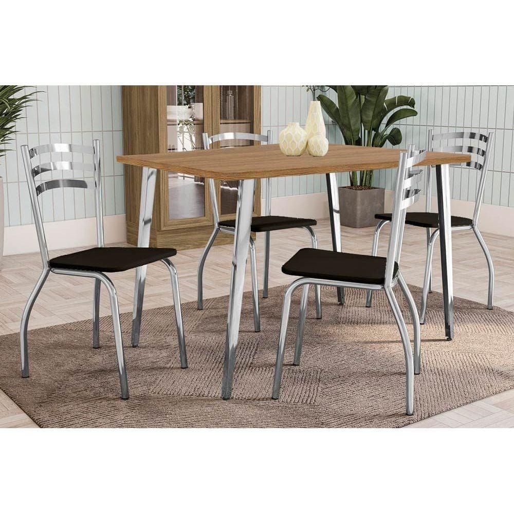 Conjunto: Mesa Sala Jantar Iguaçu c/ Tampo de Madeira 136cm e 4 Cadeiras Portugal Cromada/Nogueira - Courano Preto - Kappesberg