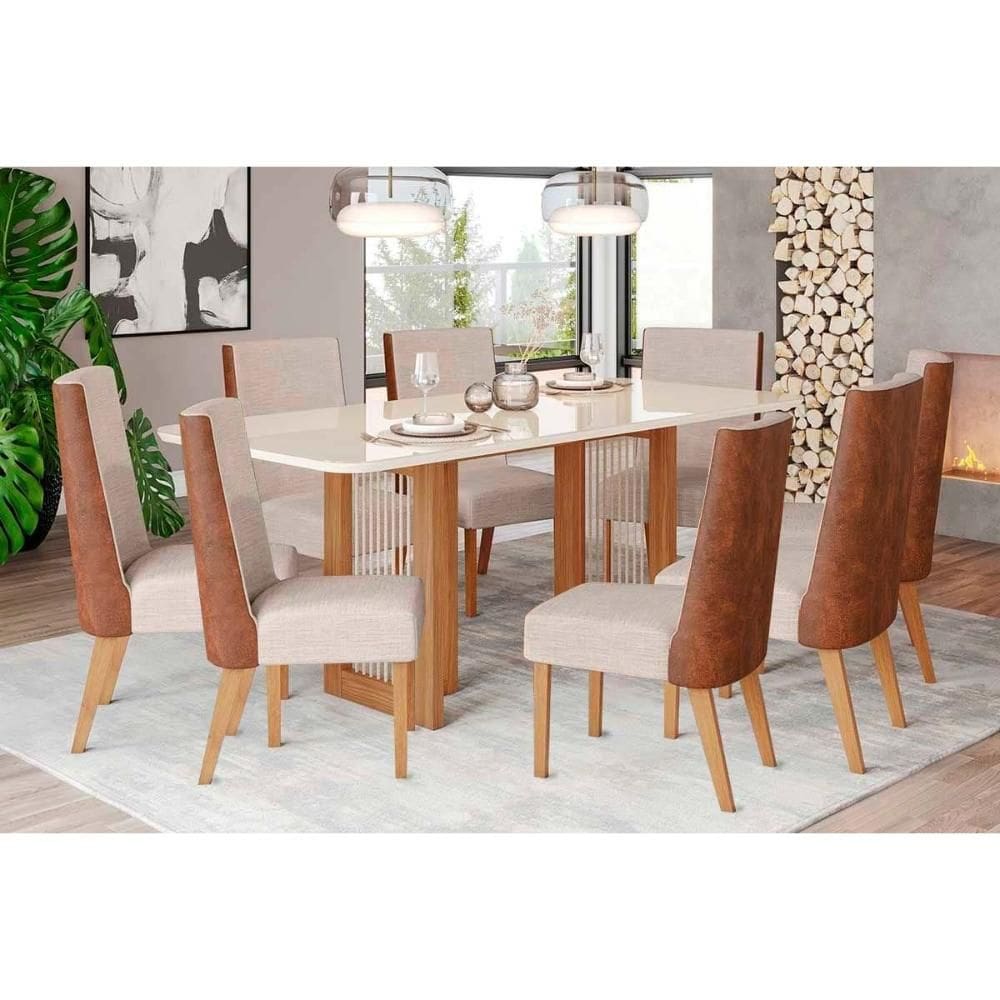 Conjunto: Mesa Sala Jantar Yara SC77 Tampo Madeirado c/ Vidro Canto Curvo 200x90cm e 8 Cadeiras Anne Nature/Courano/Linho - Henn