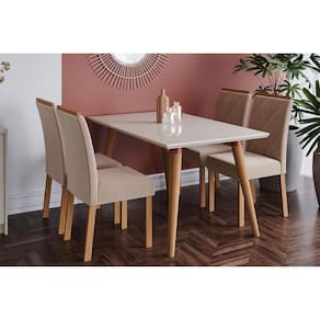 Conjunto: Mesa Sala Jantar Adele Madeira Maciça c/ Tampo Madeirado c/ Vidro 130x80cm e 4 Cadeiras Fernanda Madeirado/Off White - Cimol