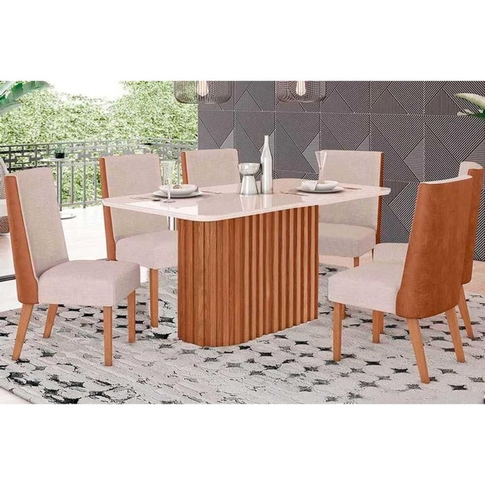 Conjunto: Mesa Sala Jantar Solana SC68 Tampo Madeirado c/ Vidro Canto Curvo 160x90cm e 6 Cadeiras Anne Nature/Courano/Creme - Henn