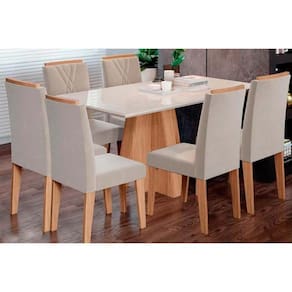 Conjunto: Mesa Sala Jantar Maitê Tampo Madeirado c/ Vidro Canto Curvo 160X80cm e 6 Cadeiras Nicole Nature/Suede Nude Bege - Cimol