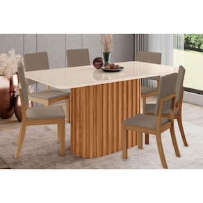 Conjunto: Mesa Sala Jantar Solana SC68 Tampo Madeirado c/ Vidro Canto Curvo 160x90cm e 6 Cadeiras Milla Nature/Suede Light Marrom Amêndoa - Henn