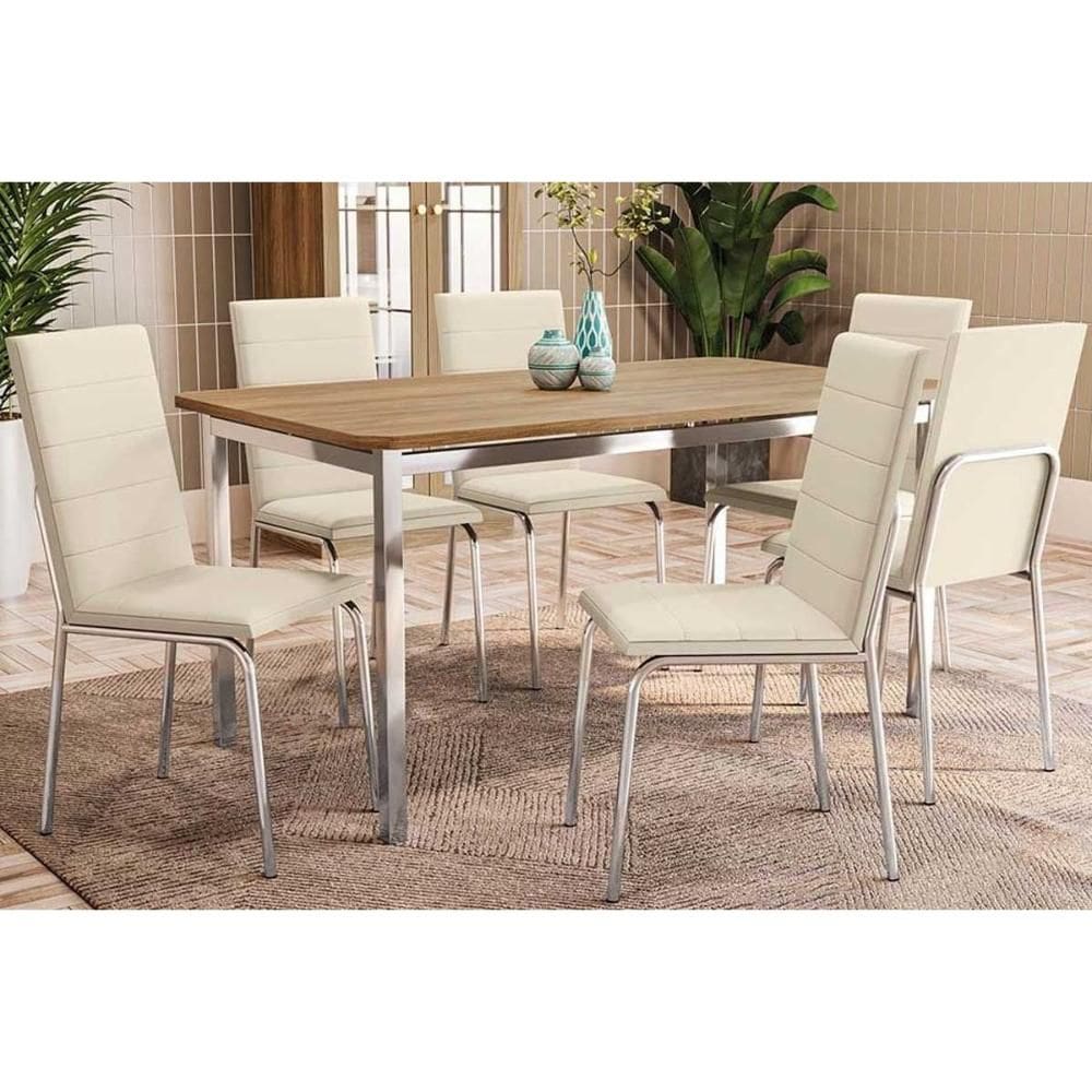 Conjunto: Mesa Sala Jantar Reno c/ Tampo de Madeira 160cm e 6 Cadeiras Amsterdã Cromada/Nude 16 - Kappesberg