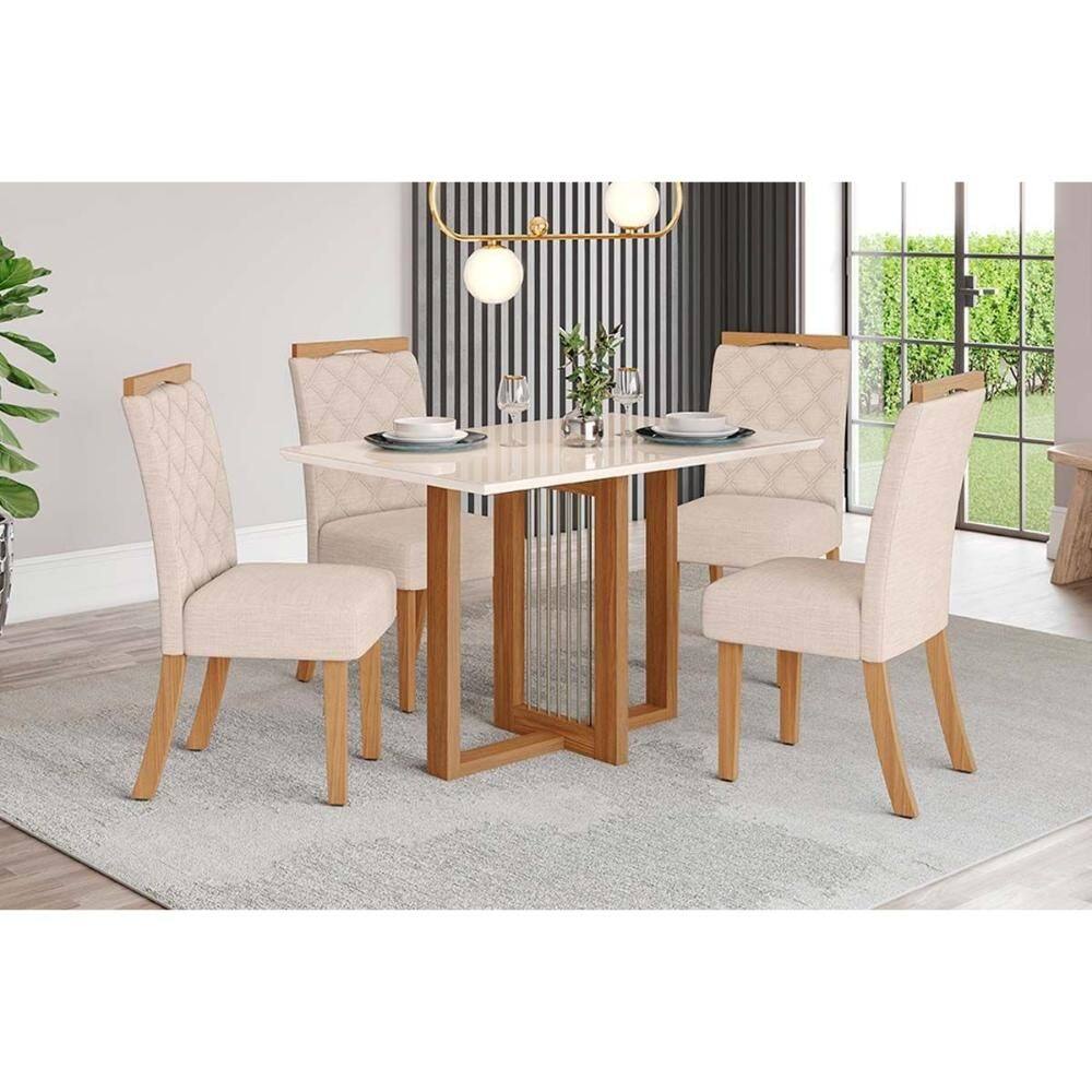 Conjunto: Mesa Sala Jantar Natalí c/ Tampo Madeirado c/ Vidro Reto 120x80cm e 4 Cadeiras Bella Nature/Linho - Henn