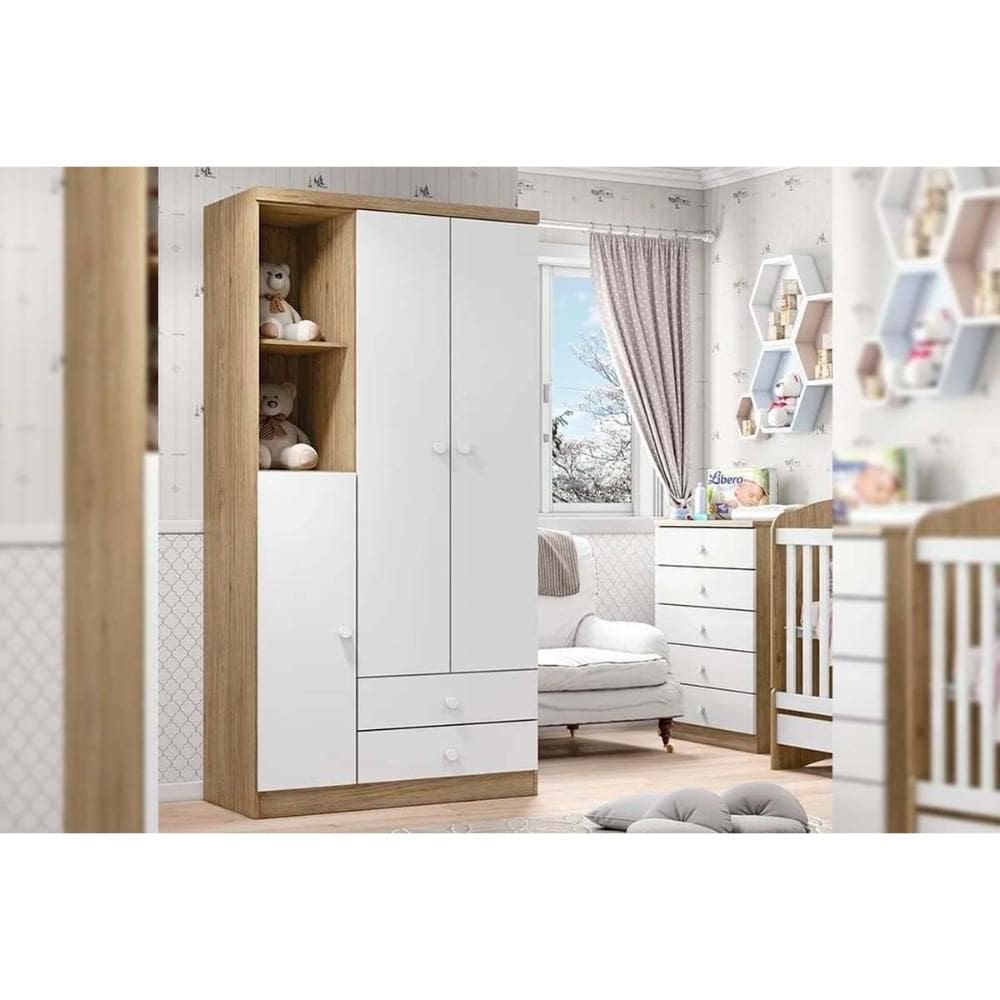 Quarto de Bebê Completo Bala de Menta 2 Peças (1 Guarda Roupa + 1 Cômoda) QI93 Rústico/Branco - Henn