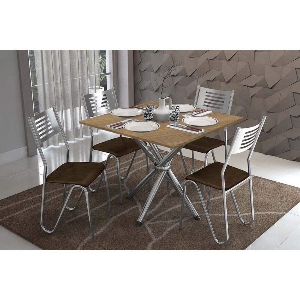 Conjunto: Mesa Sala Jantar Volga c/ Tampo de Madeira 90cm e 4 Cadeiras Nápoles Cromado/Nogueira - Courano Marrom - Kappesberg