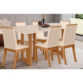 Conjunto: Mesa Sala Jantar Yara SC79 Tampo Madeirado c/ Vidro Canto Curvo 160x90cm e 6 Cadeiras Isa Nature/Linho - Henn