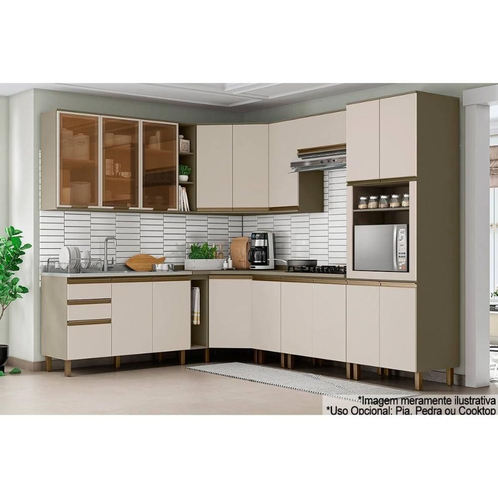 Cozinha Modulada Henn Connect 15 Peças (5Aéreos+5Balcões+1Paneleiro+4Complementos) C6P13 Duna/Cristal-Henn