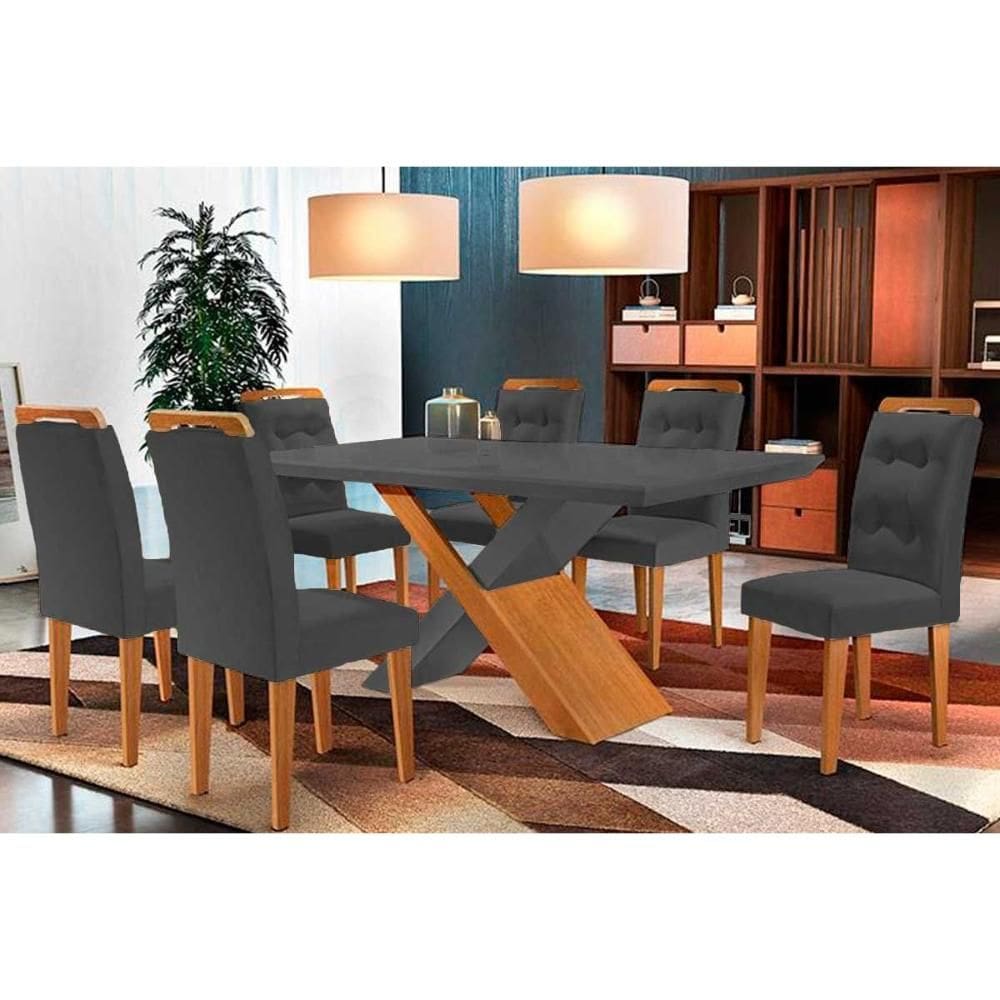 Conjunto: Mesa Sala Jantar Imperatriz Tampo Madeirado c/ Vidro Reto 180x90 e 6 Cadeiras Imperatriz Capuccino/Suede Grafite - Rufato
