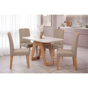 Conjunto: Mesa Sala Jantar Carol Tampo Madeirado c/ Vidro 130x80cm e 4 Cadeiras Clarice Madeirado/ Linho Bege - Cimol