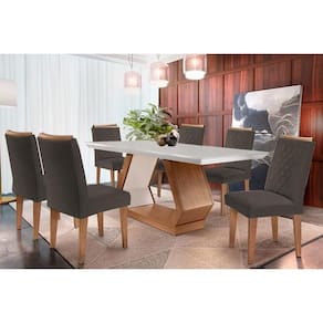 Conjunto: Mesa Sala Jantar Alvorada c/ Tampo Madeirado Canto Reto 180x90cm e 6 Cadeiras Jade Imbuia/Off White - Suede Grafite - Rufato