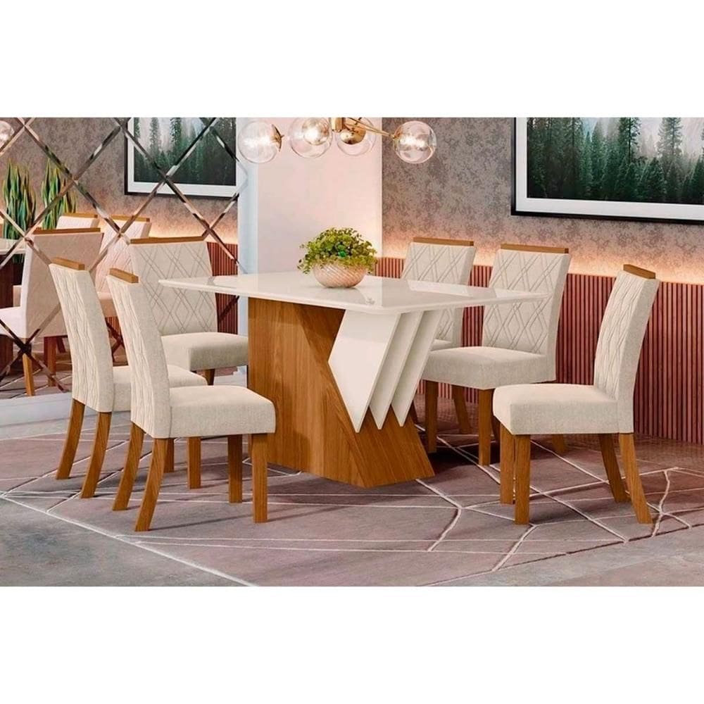Conjunto: Mesa Sala Jantar Épic SC24 Tampo Madeirado c/ Vidro Canto Curvo 160x90cm e 6 Cadeiras Vita Nature/Suede Light Linho - Henn