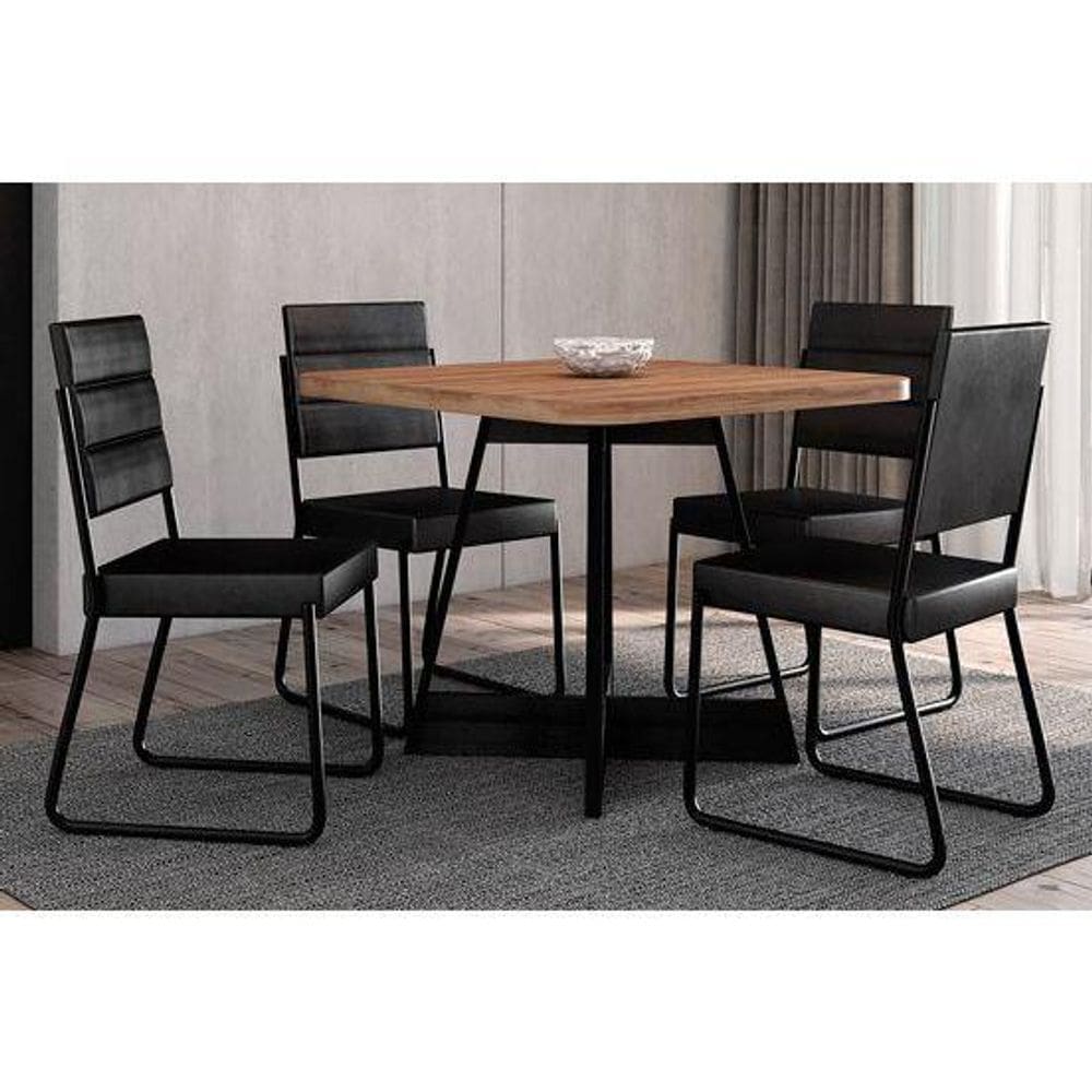 Sala de Jantar Completa Átria 1593 Aço c/ Tampo Madeirado 90x90cm e 4 Cadeiras 1736 Preto/Nogal - Preto/Preto - Carraro