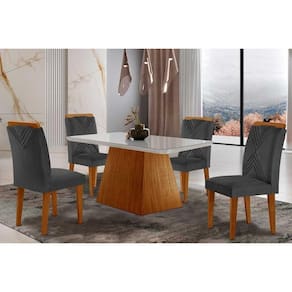 Conjunto: Mesa Sala Jantar Luna Tampo Madeirado c/ Vidro Canto Reto 120x80 e 4 Cadeiras Amsterdã Capuccino/Suede Grafite - Rufato