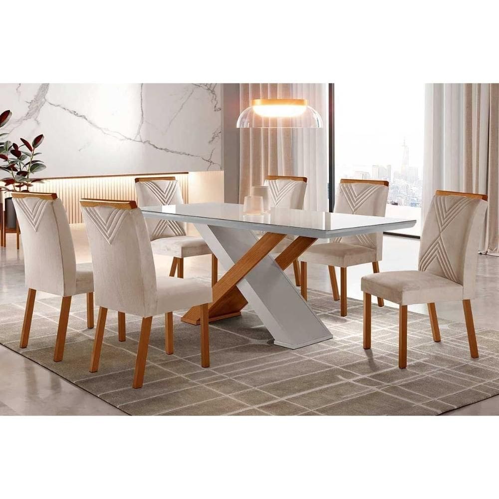 Conjunto: Mesa Sala Jantar Imperatriz Tampo Madeirado c/ Vidro Reto 180x90 e 6 Cadeiras Amsterdã Imbuia/Off White - Suede Creme - Rufato